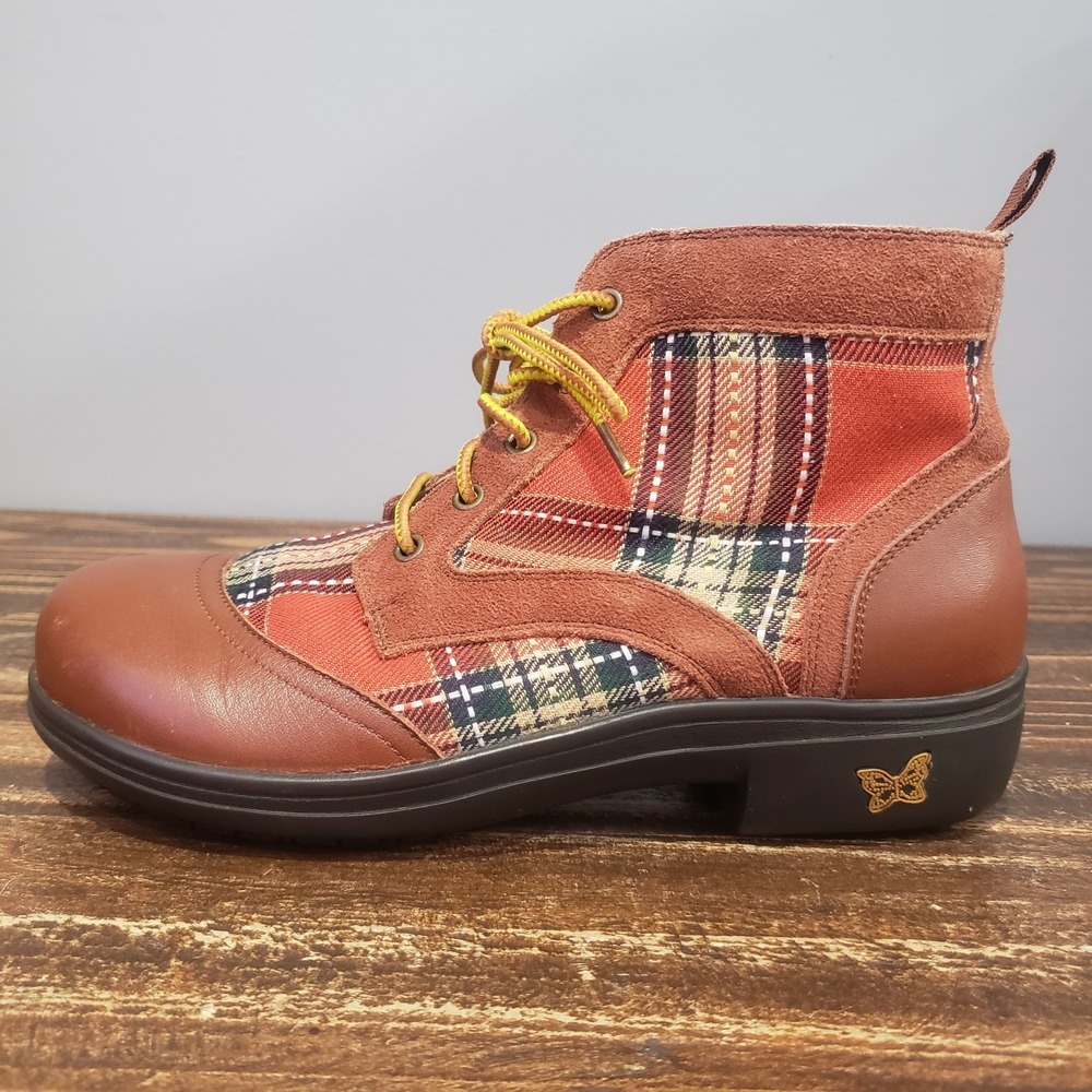 Alegria Ankle Boots Womens 8 KYL-602 Brown Leather Plaid Lace Up Good Condition - Picture 3 of 16